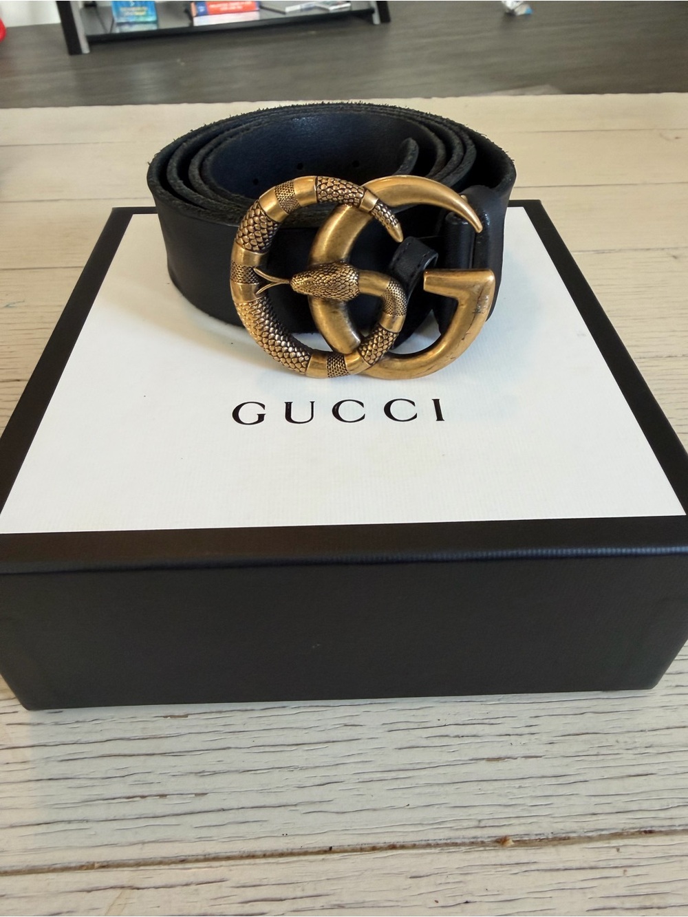 Gucci Black Leather Belt with Antique Gold Double G Snake Buckle